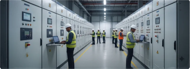 Engineers in high-visibility vests reviewing switchgear on a factory floor