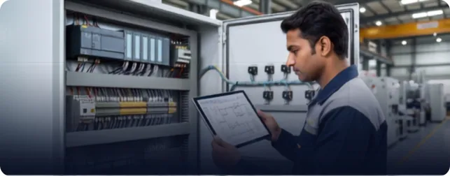 CSE engineer reviewing a schematic on a tablet in front of an open control panel