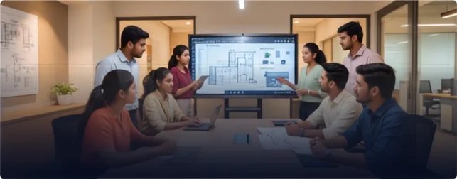 CSE colleagues collaborating around a wall-mounted touchscreen in a meeting room