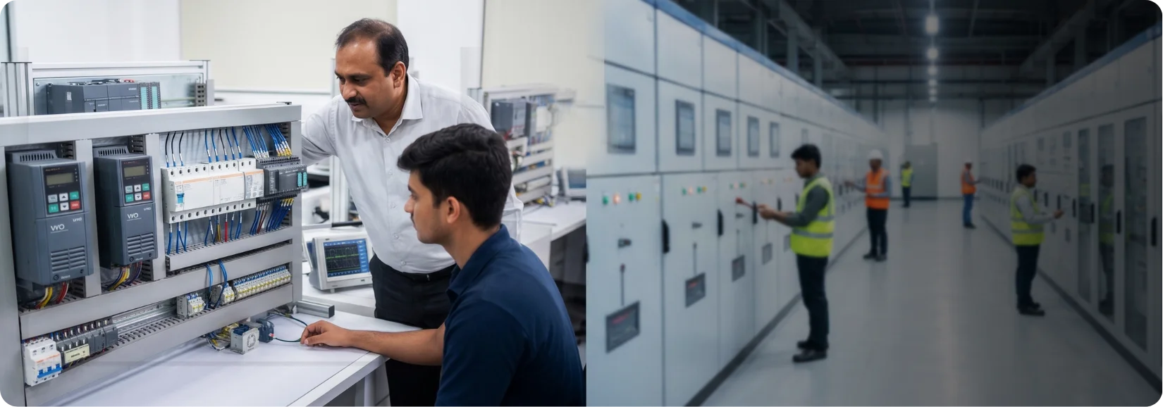 CSE engineers reviewing a control panel and touring a switchgear facility