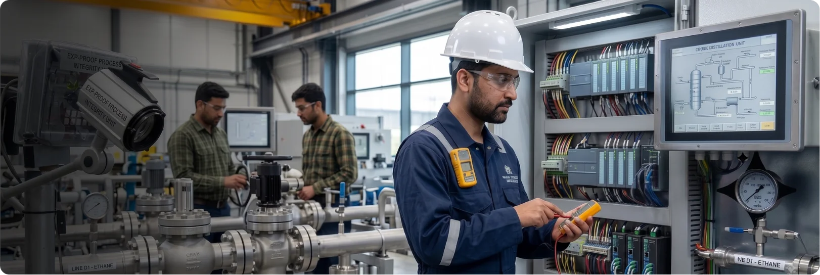CSE engineer testing an Ex-proof process control panel on a chemical plant floor
