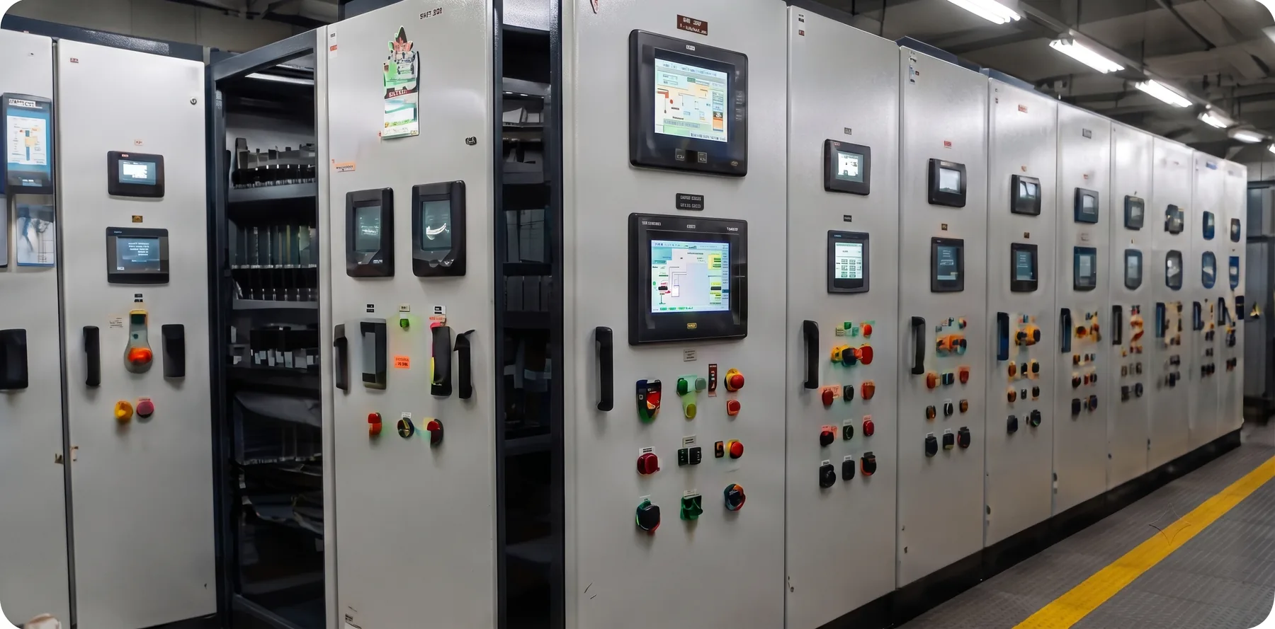 Row of control panels in a switchgear room