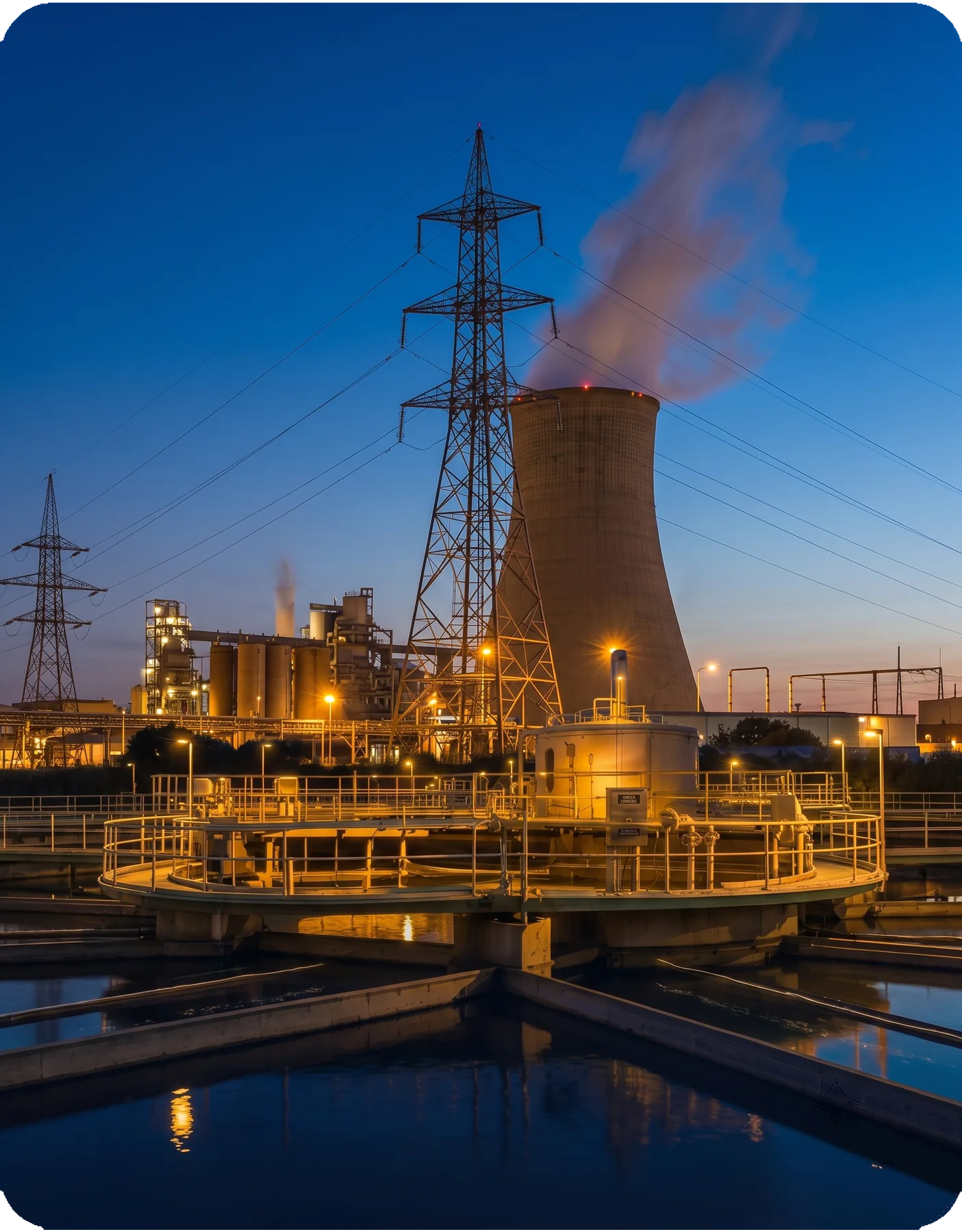 Power station cooling towers and transmission pylons