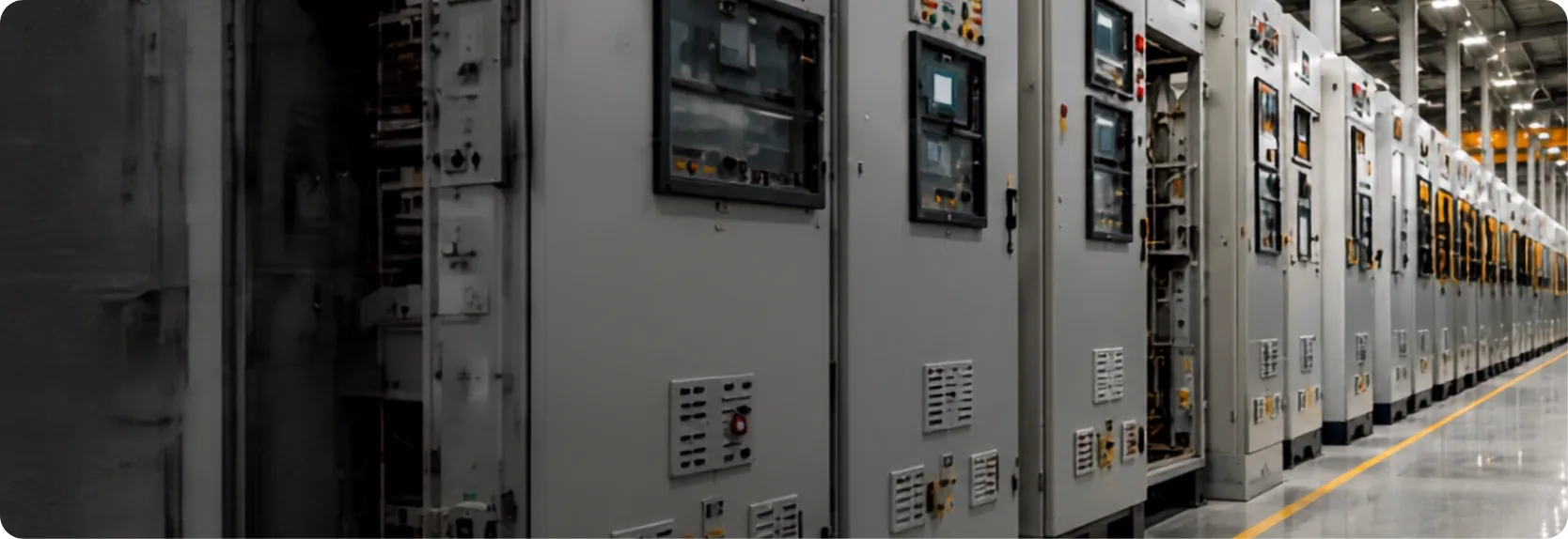 Line of CSE low-voltage control panels installed on a plant floor