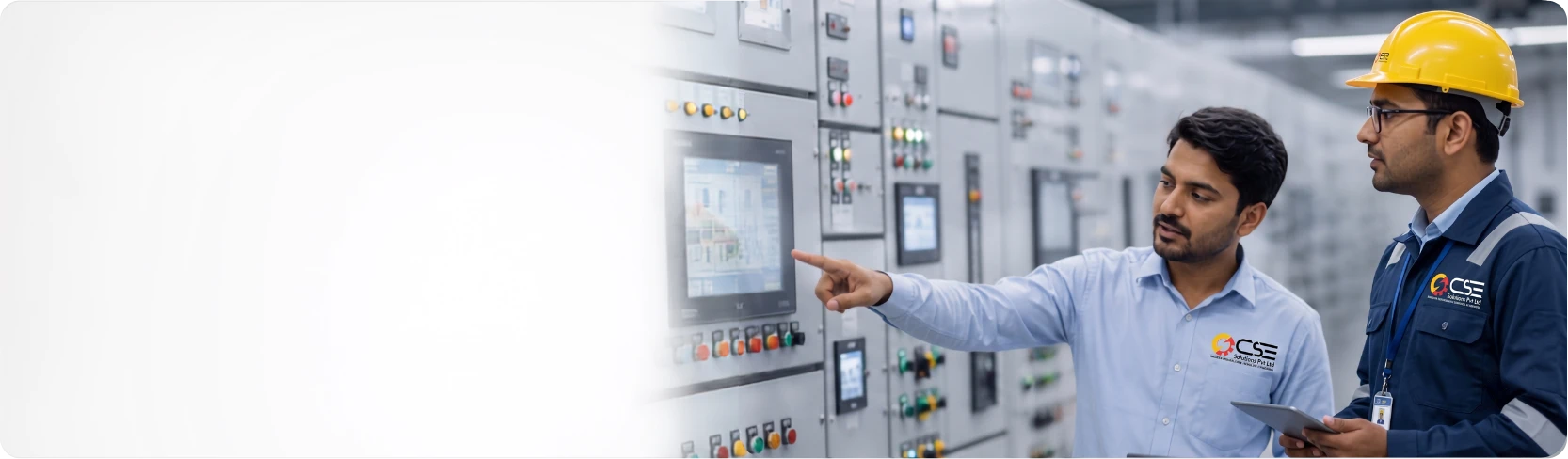 CSE engineers reviewing a control panel schematic on the shop floor