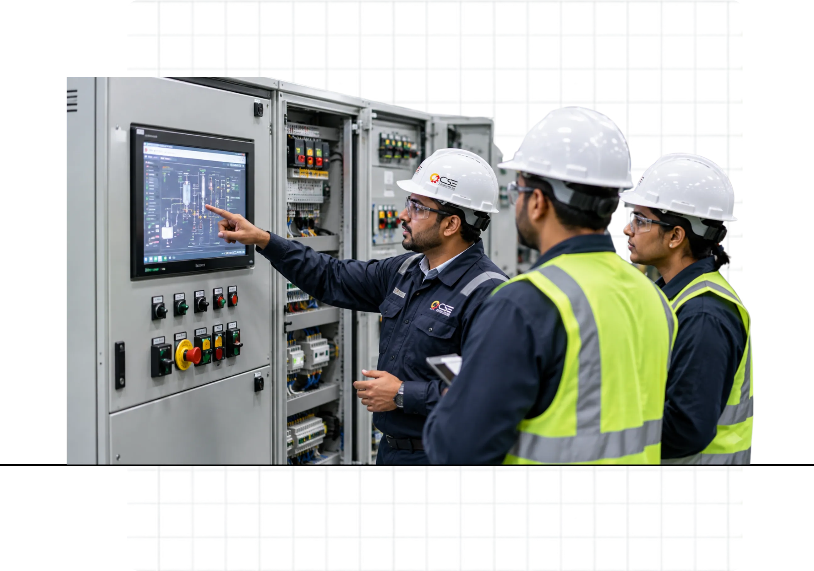 CSE Solutions engineers and plant technicians reviewing an HMI screen on a live control panel