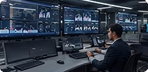 Operator monitoring an industrial SCADA video wall